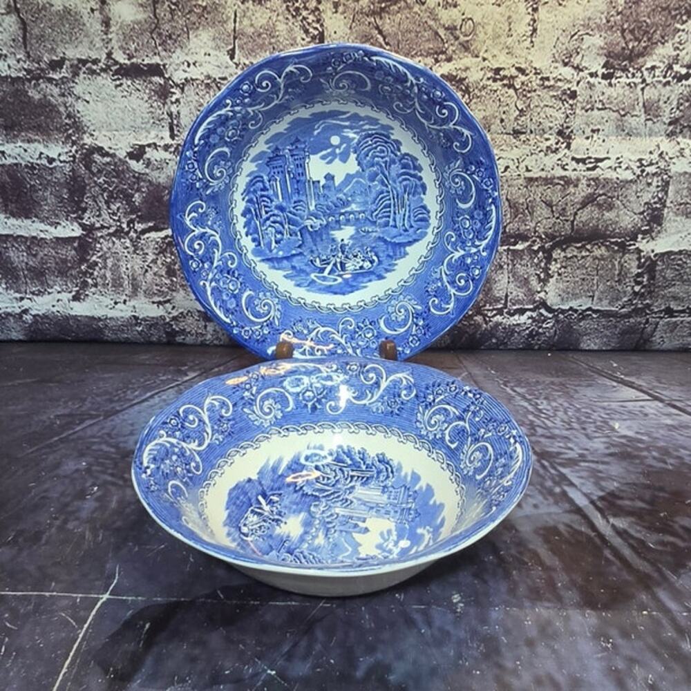 Set of 2 Vintage 9" Bowls Canterbury Kent River Scene Blue White